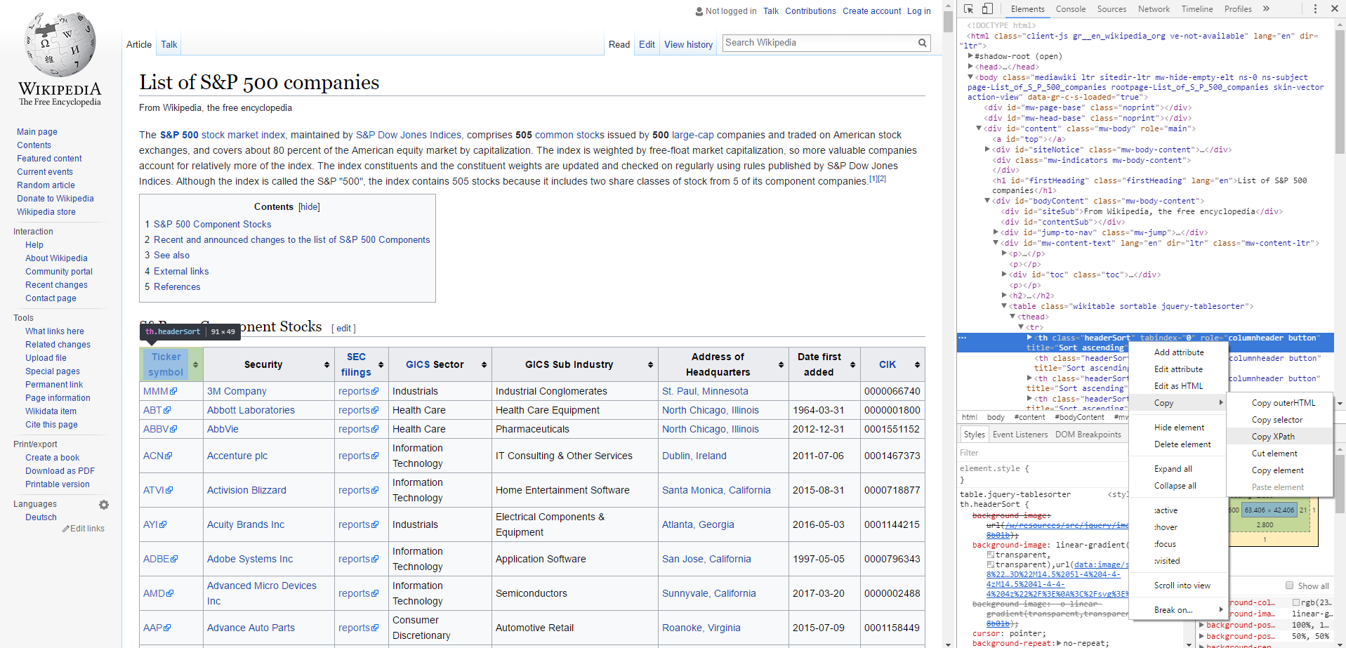 Encontrando o xpath da tabela